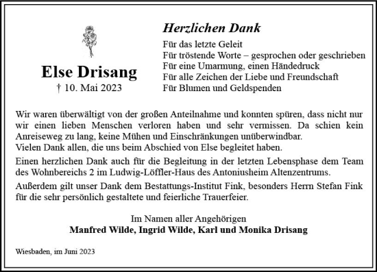 Traueranzeige von Else Drisang von Wiesbadener Kurier