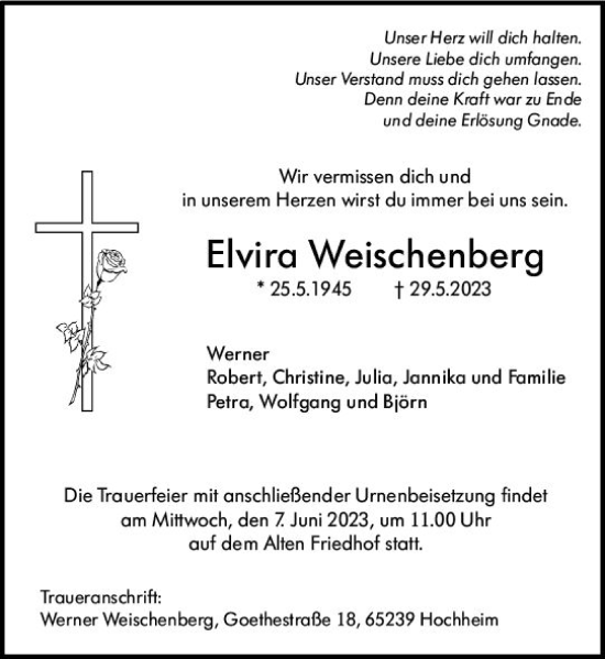 Traueranzeige von Elvira Weischenberg von Hochheimer Zeitung