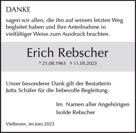 Traueranzeige von Erich Rebscher von Odenwälder Echo