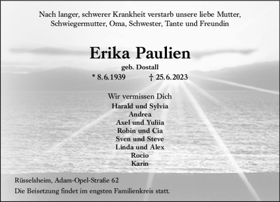 Traueranzeige von Erika Paulien von Rüsselsheimer Echo