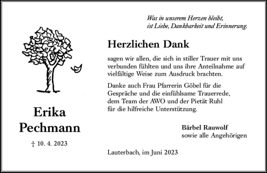 Traueranzeige von Erika Pechmann von Oberhessen Kurier