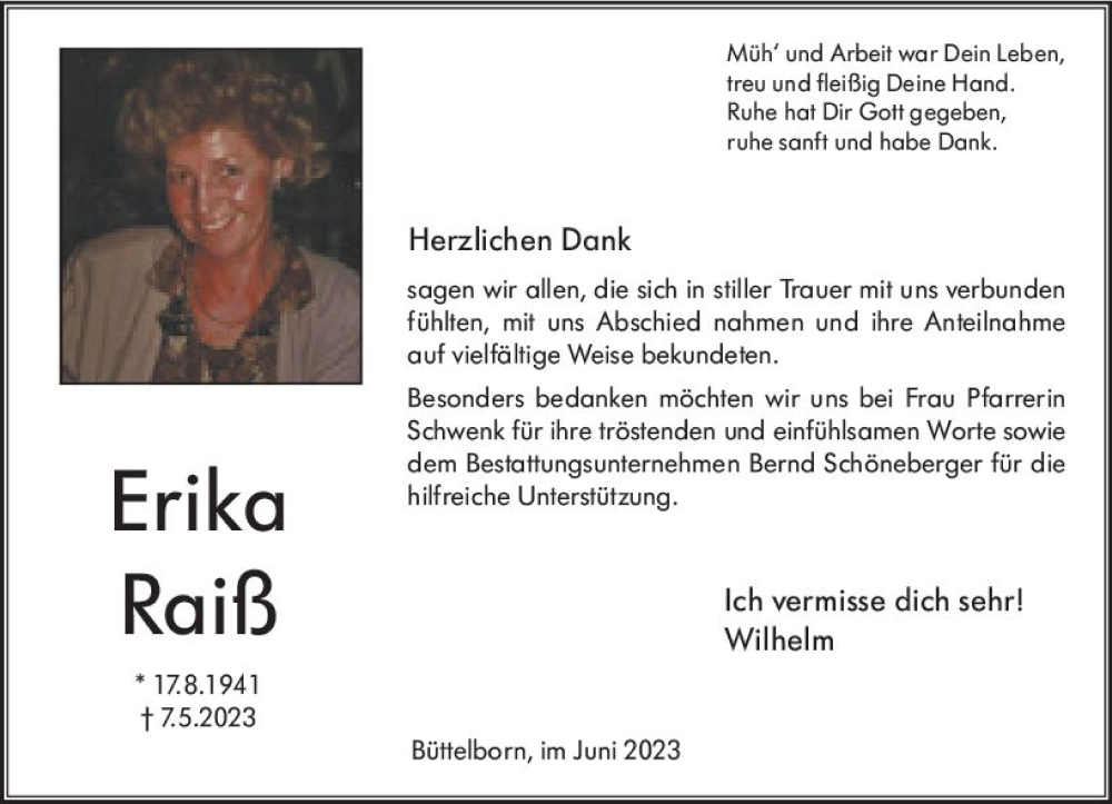  Traueranzeige für Erika Raiß vom 10.06.2023 aus Groß-Gerauer Echo