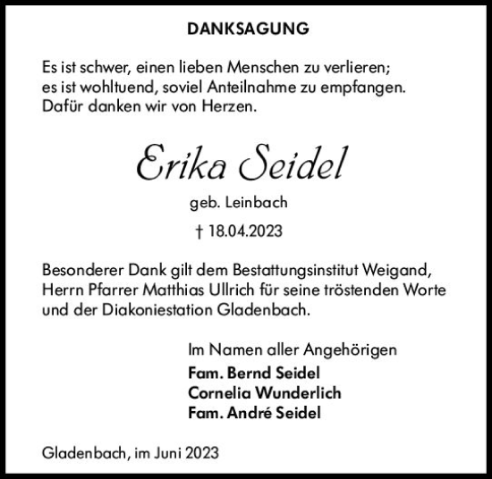 Traueranzeige von Erika Seidel von Hinterländer Anzeiger