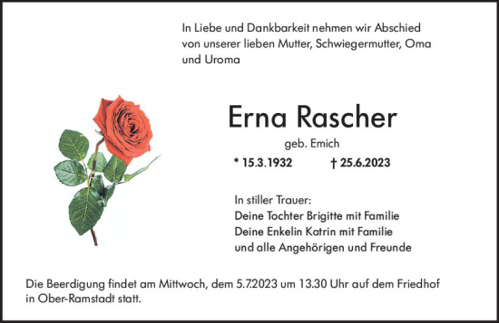 Traueranzeige von Erna Rascher von Darmstädter Echo