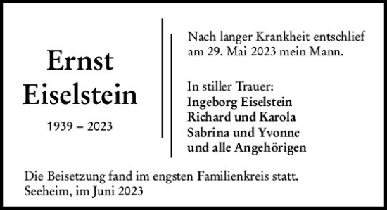 Traueranzeige von Ernst Eiselstein von Darmstädter Echo