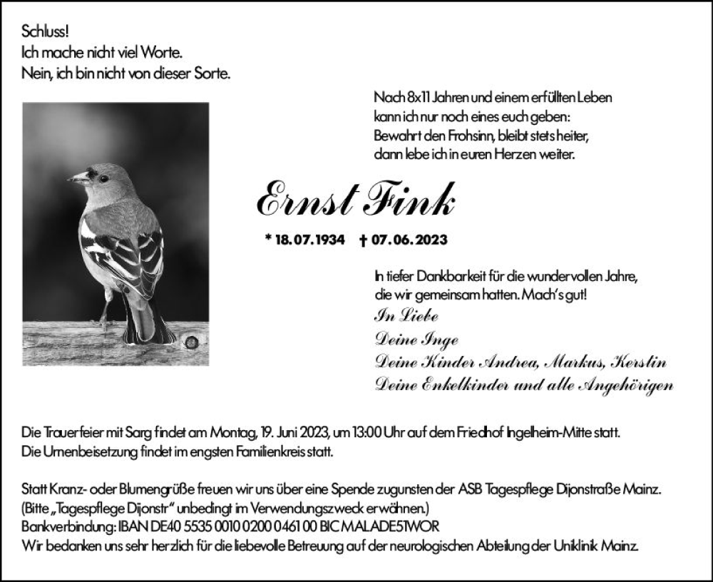  Traueranzeige für Ernst Fink vom 16.06.2023 aus Allgemeine Zeitung Bingen/Ingelheim