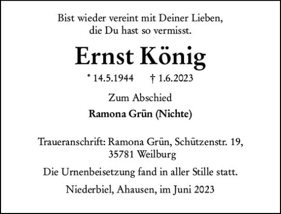 Traueranzeige von Ernst König von Wetzlarer Neue Zeitung