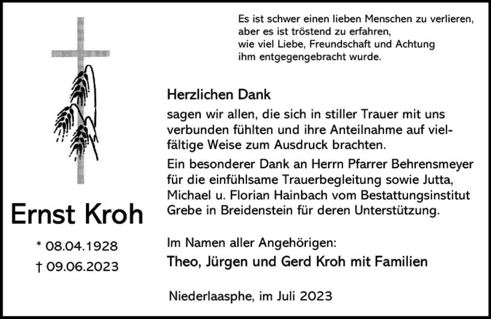  Traueranzeige für Ernst Kroh vom 01.07.2023 aus Hinterländer Anzeiger