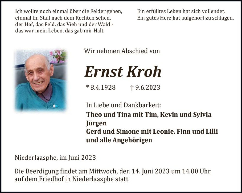  Traueranzeige für Ernst Kroh vom 13.06.2023 aus Hinterländer Anzeiger