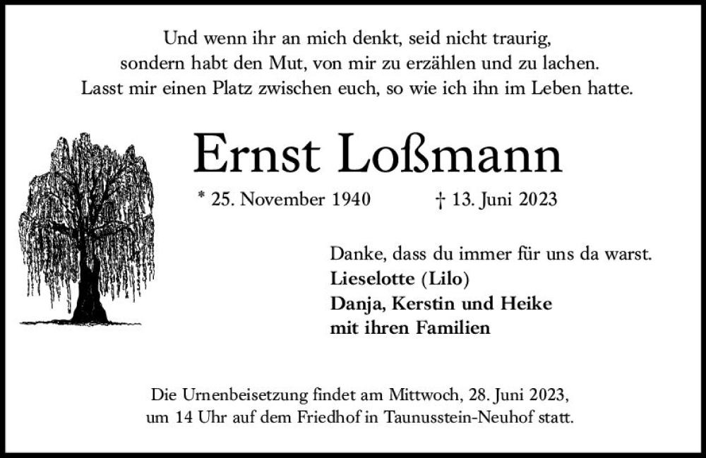  Traueranzeige für Ernst Loßmann vom 17.06.2023 aus Idsteiner Land/Untertaunus