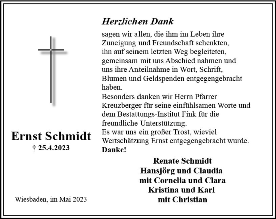 Traueranzeige von Ernst Schmidt von Wiesbadener Kurier