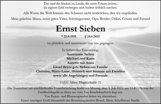 Traueranzeige von Ernst Sieben von Allgemeine Zeitung Alzey