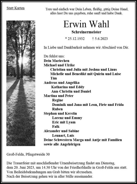 Traueranzeige von Erwin Wahl von VRM Trauer
