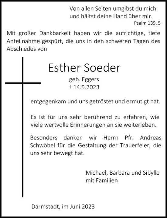 Traueranzeige von Esther Soeder von Darmstädter Echo