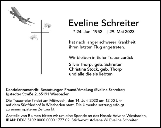 Traueranzeige von Eveline Schreiter von Wiesbadener Kurier