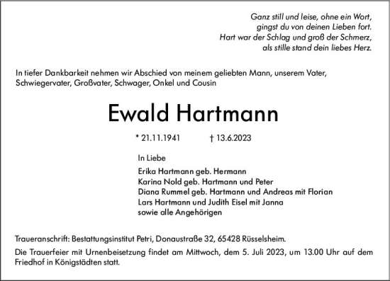 Traueranzeige von Ewald Hartmann von Rüsselsheimer Echo