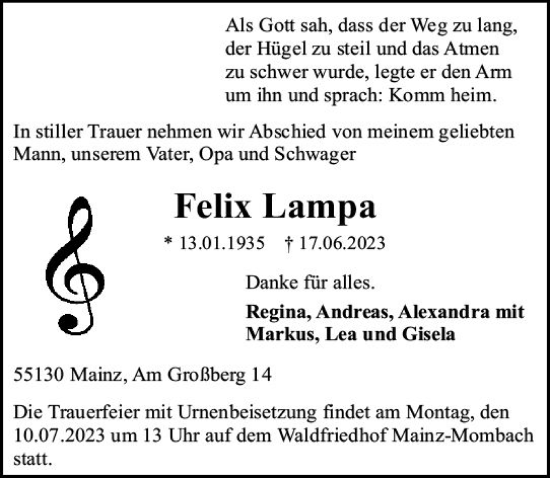Traueranzeige von Felix Lampa von Allgemeine Zeitung Mainz