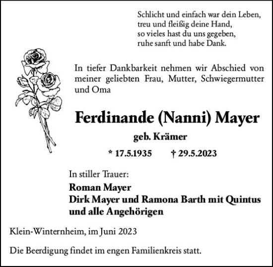 Traueranzeige von Ferdinande Mayer von Allgemeine Zeitung Mainz