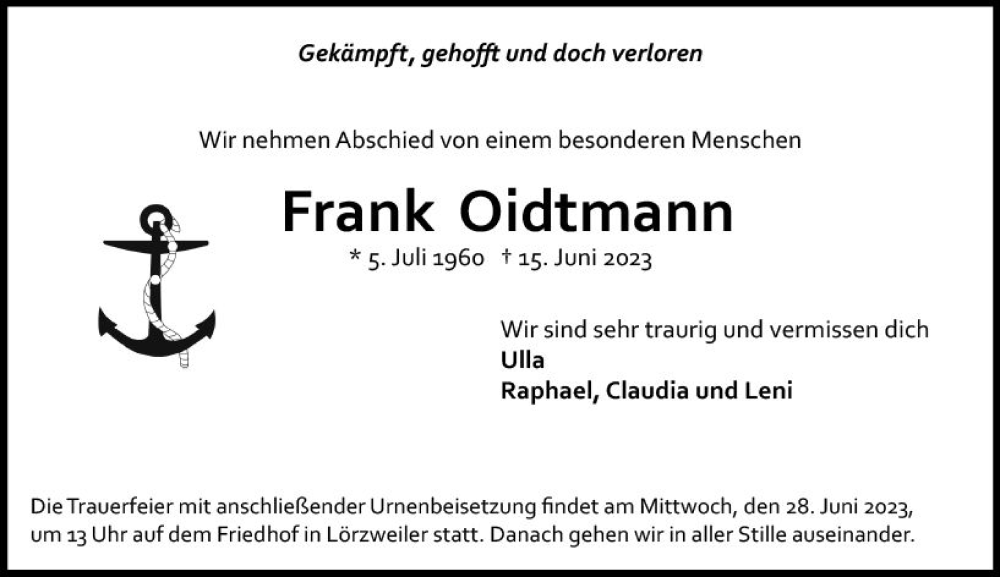  Traueranzeige für Frank Oidtmann vom 24.06.2023 aus Allgemeine Zeitung Mainz