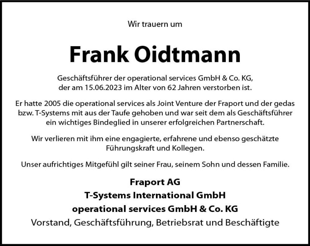  Traueranzeige für Frank Oidtmann vom 24.06.2023 aus Allgemeine Zeitung Mainz
