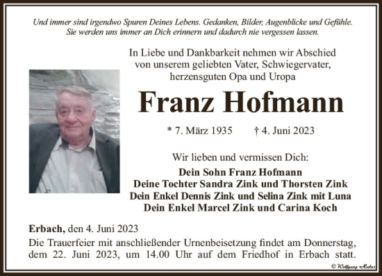 Traueranzeige von Franz Hofmann von Camberger Anzeiger