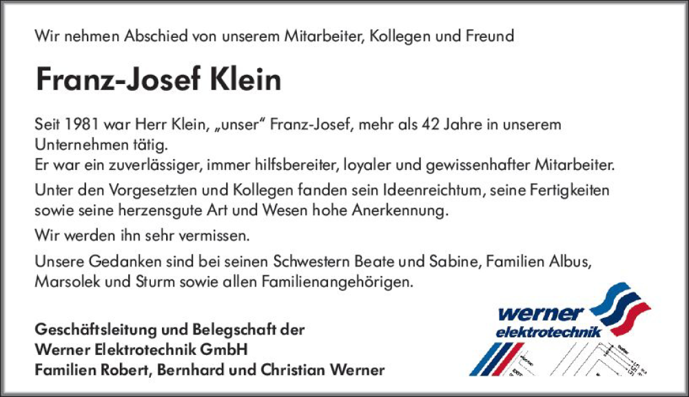  Traueranzeige für Franz-Josef Klein vom 17.06.2023 aus Wiesbadener Kurier
