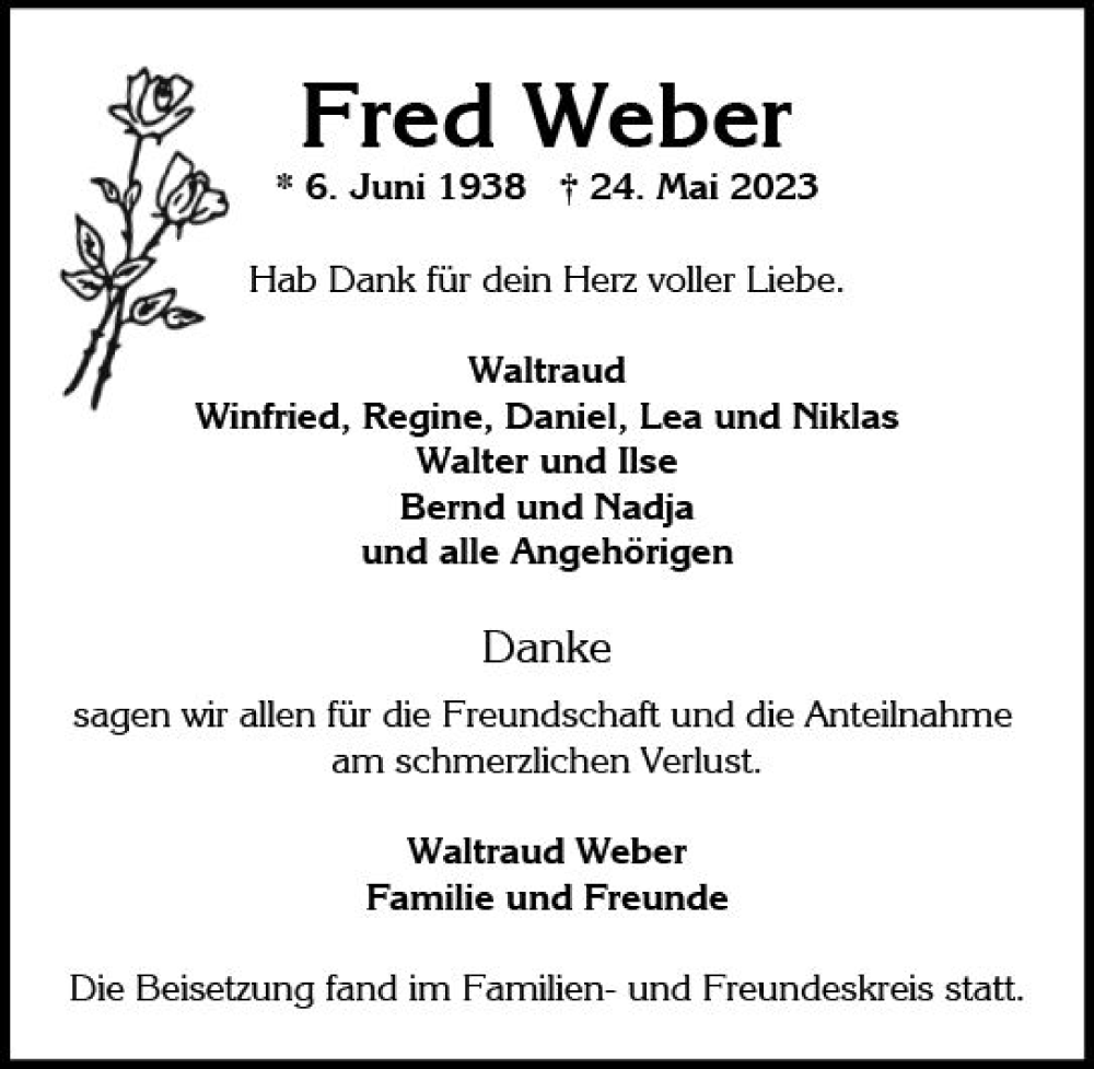  Traueranzeige für Fred Weber vom 17.06.2023 aus Wiesbadener Kurier