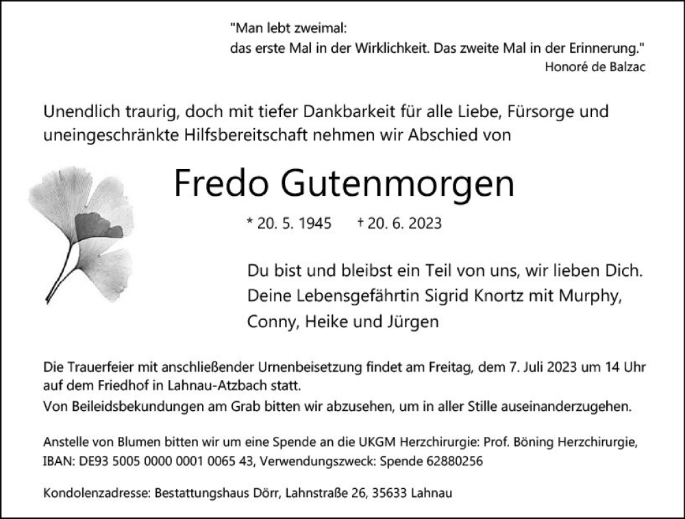  Traueranzeige für Fredo Gutenmorgen vom 30.06.2023 aus Wetzlarer Neue Zeitung