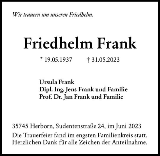 Traueranzeige von Friedhelm Frank von Dill Block
