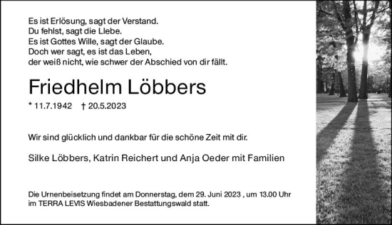 Traueranzeige von Friedhelm Löbbers von Wiesbadener Kurier