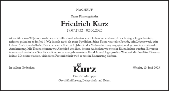 Traueranzeige von Friedrich Kurz von Wetzlarer Neue Zeitung