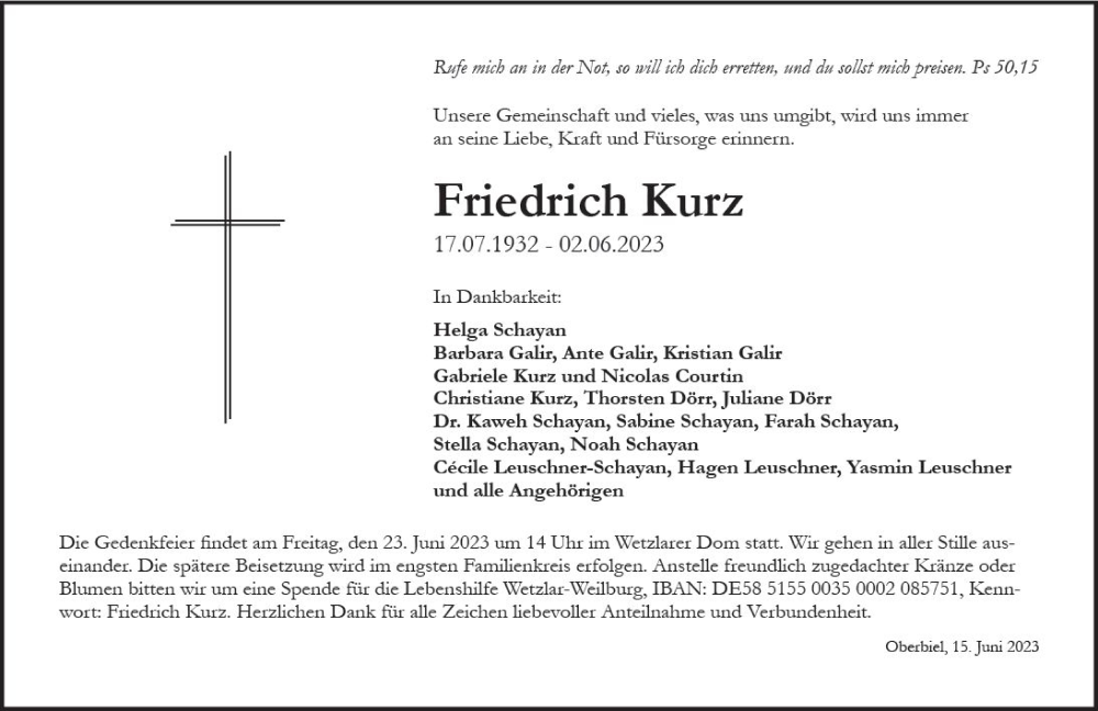  Traueranzeige für Friedrich Kurz vom 15.06.2023 aus Wetzlarer Neue Zeitung