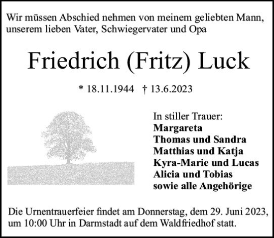 Traueranzeige von Friedrich Luck von Darmstädter Echo