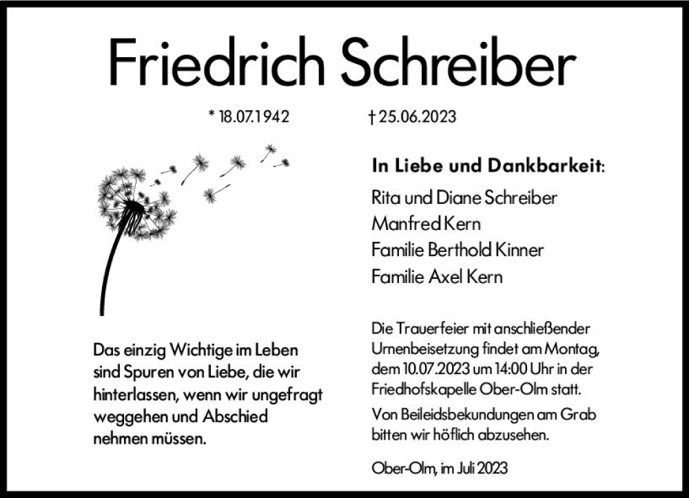  Traueranzeige für Friedrich Schreiber vom 01.07.2023 aus Allgemeine Zeitung Mainz