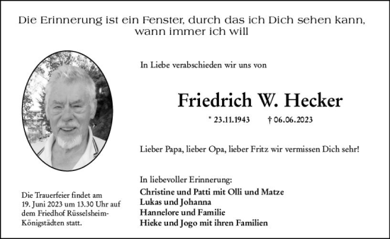 Traueranzeige von Friedrich Wilhelm Hecker von Rüsselsheimer Echo