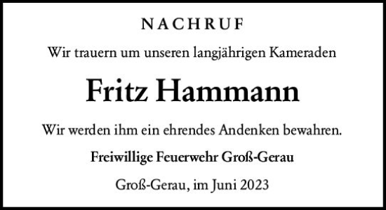 Traueranzeige von Fritz Hammann von Groß-Gerauer Echo