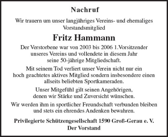 Traueranzeige von Fritz Hammann von Groß-Gerauer Echo