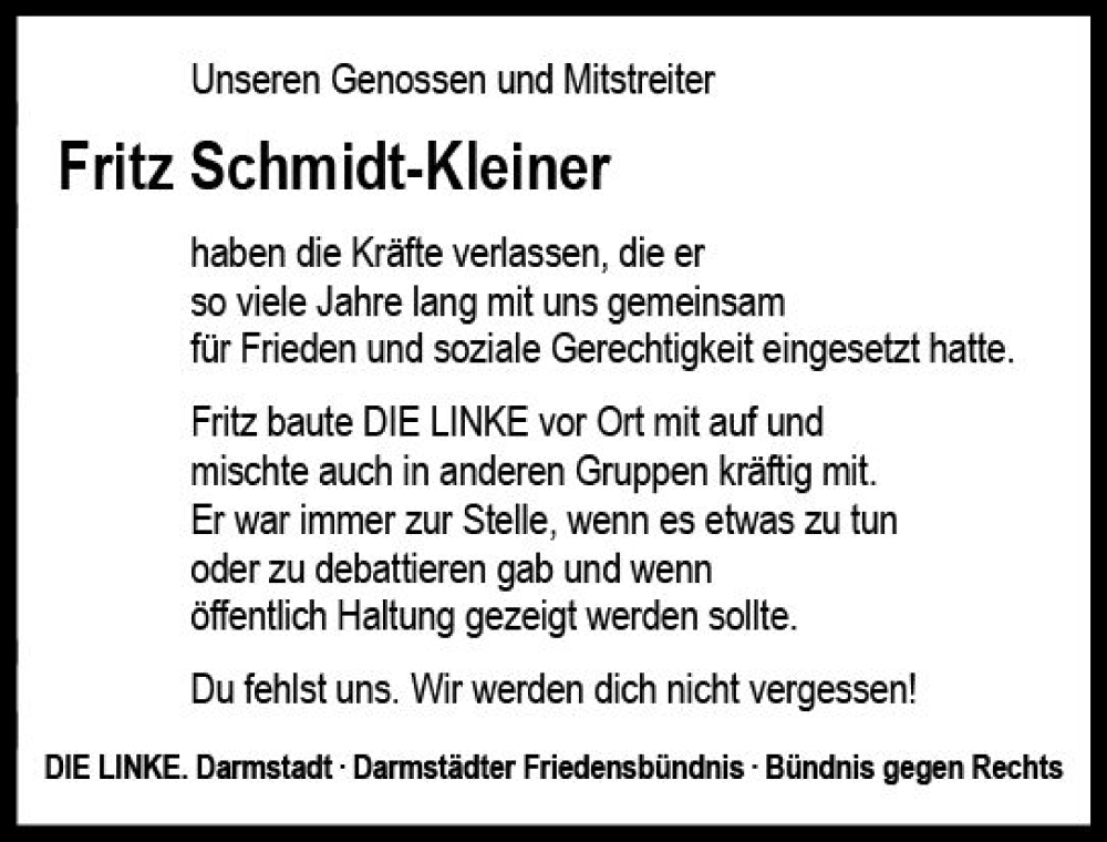  Traueranzeige für Fritz Schmidt-Kleiner vom 01.07.2023 aus Darmstädter Echo