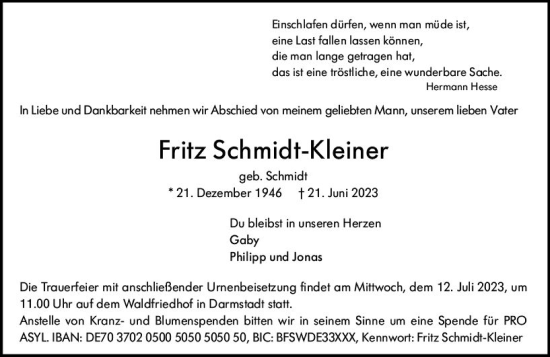 Traueranzeige von Fritz Schmidt-Kleiner von Darmstädter Echo