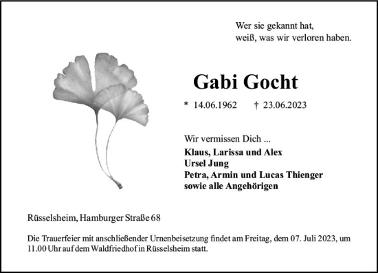 Traueranzeige von Gabi Gocht von Rüsselsheimer Echo