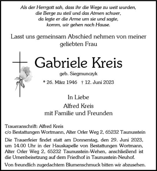 Traueranzeige von Gabriele Kreis von Wiesbadener Kurier