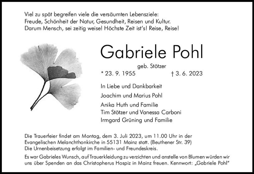  Traueranzeige für Gabriele Pohl vom 17.06.2023 aus Allgemeine Zeitung Mainz