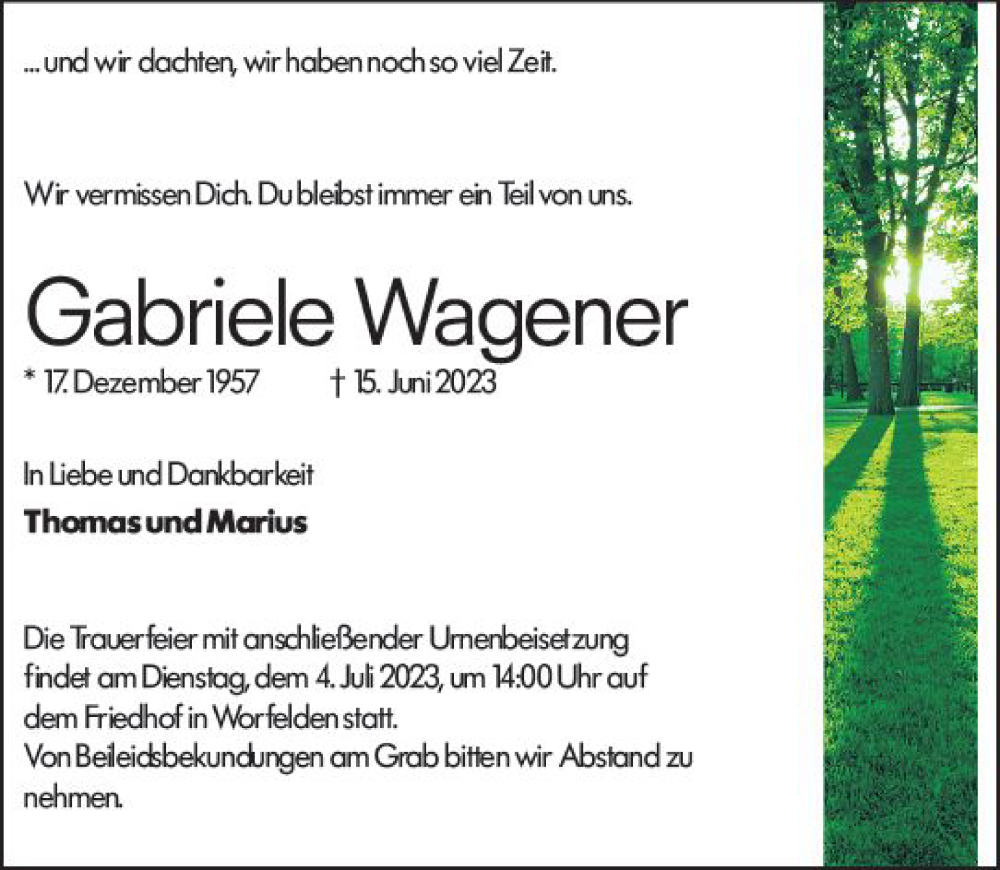  Traueranzeige für Gabriele Wagener vom 01.07.2023 aus Groß-Gerauer Echo