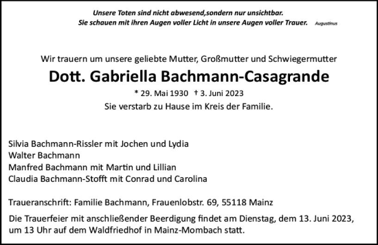 Traueranzeige von Gabriella Bachmann-Casagrande von Allgemeine Zeitung Mainz