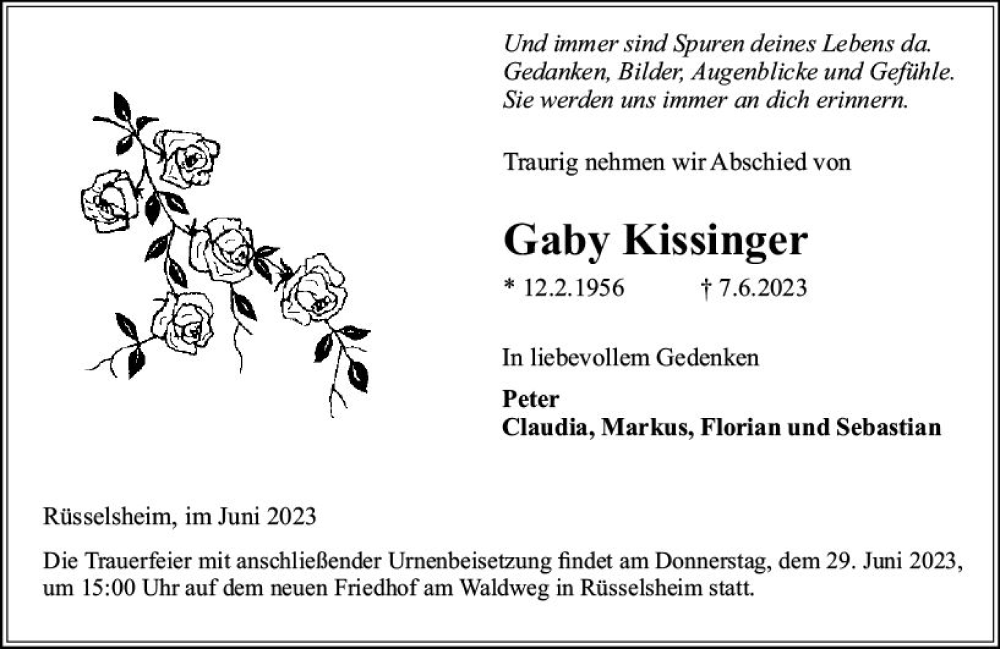  Traueranzeige für Gaby Kissinger vom 17.06.2023 aus Rüsselsheimer Echo