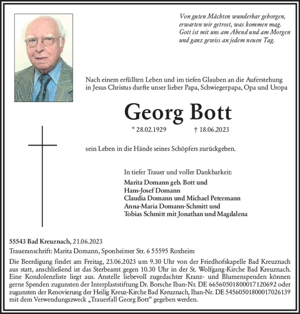  Traueranzeige für Georg Bott vom 21.06.2023 aus Allgemeine Zeitung Bad Kreuznach