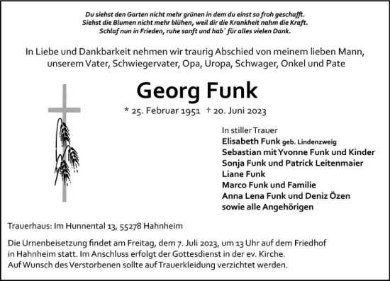 Traueranzeige von Georg Funk von Allgemeine Zeitung Mainz