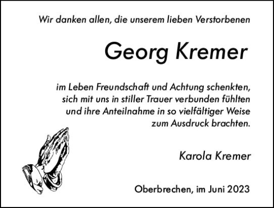 Traueranzeige von Georg Kremer von Camberger Anzeiger