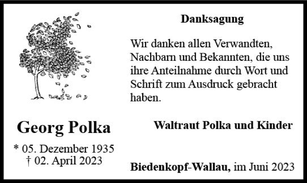  Traueranzeige für Georg Polka vom 01.06.2023 aus Hinterländer Anzeiger
