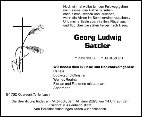 Traueranzeige von Georg Ludwig Sattler von Odenwälder Echo